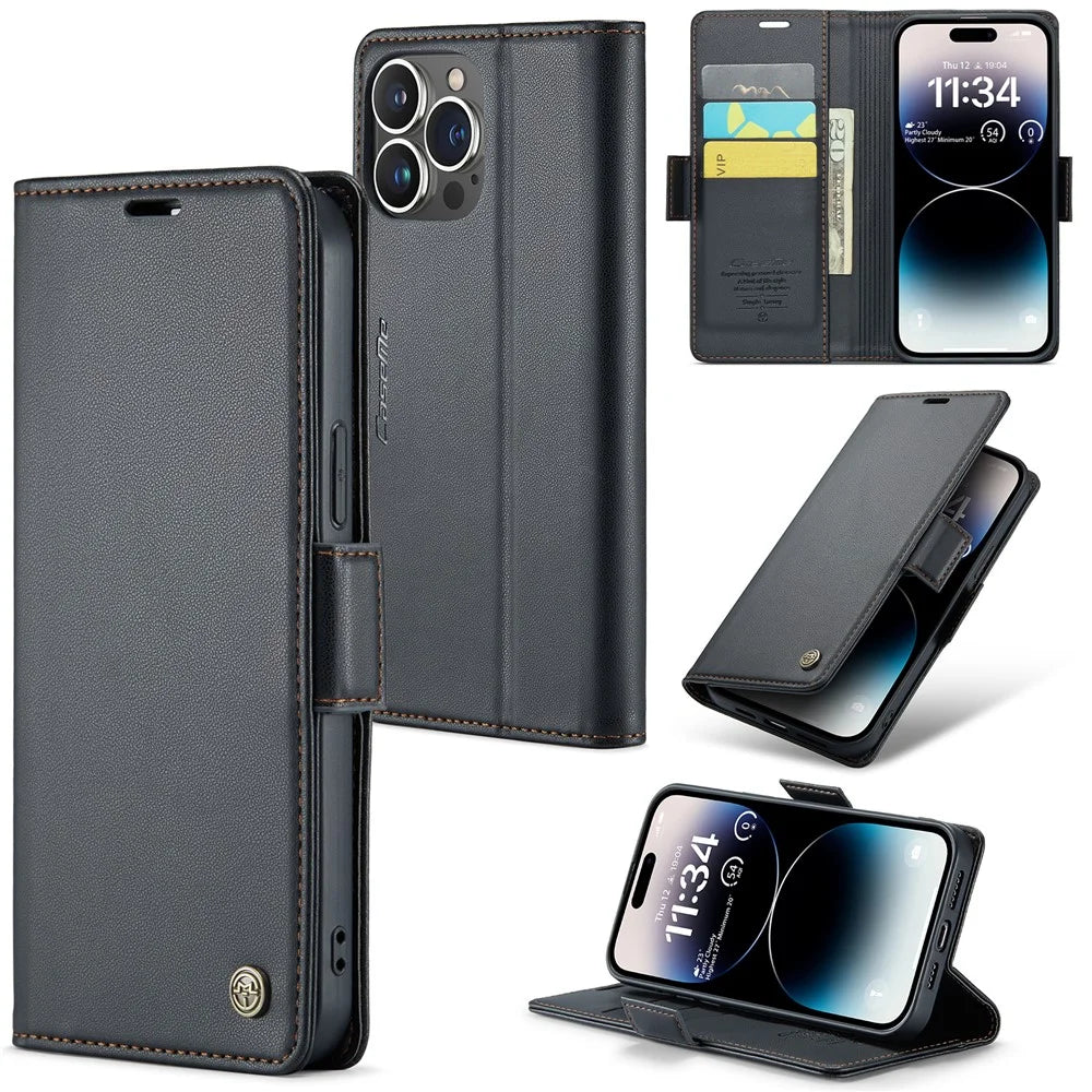 For iPhone 14 Pro Max Leather Case CASEME 023 RFID Blocking 3 Card Slot Mobile Cover - Black - 1