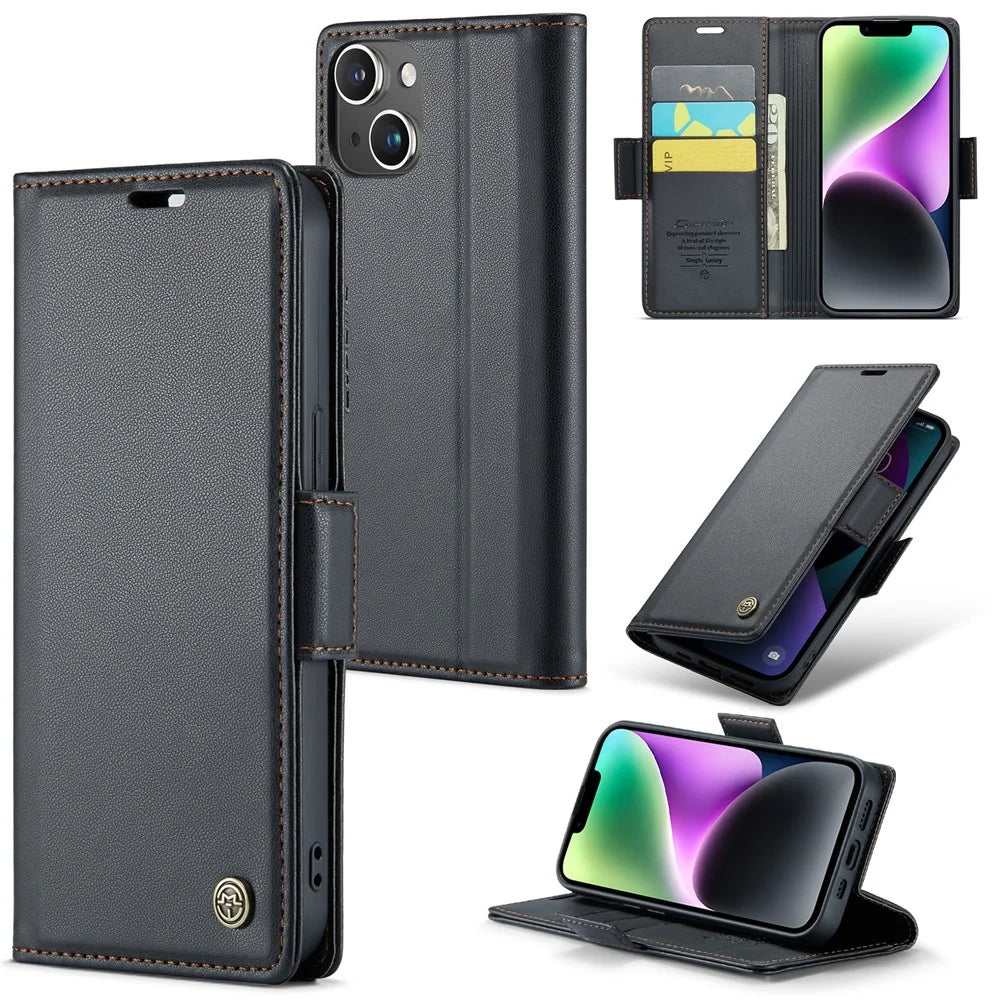 For iPhone 14 Leather Case CASEME 023 RFID Blocking 3 Card Slot Mobile Cover - Black - 1