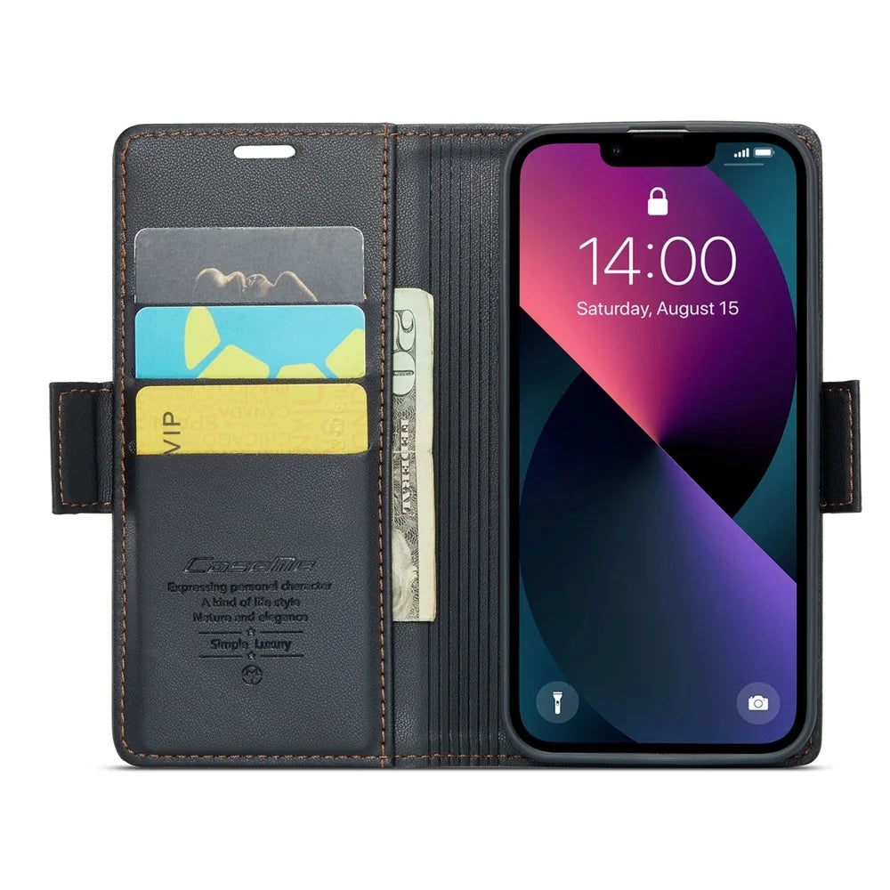 For iPhone 14 Leather Case CASEME 023 RFID Blocking 3 Card Slot Mobile Cover - Black - 2