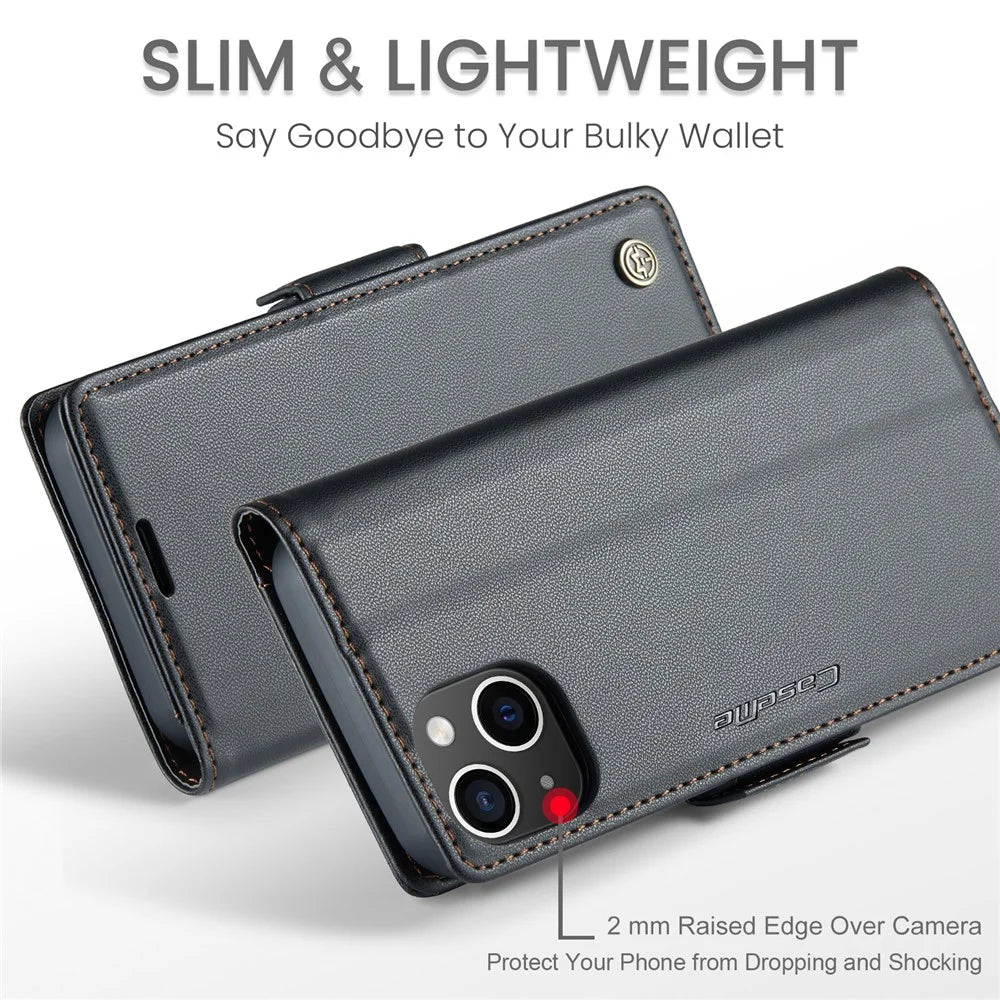 For iPhone 14 Leather Case CASEME 023 RFID Blocking 3 Card Slot Mobile Cover - Black - 5