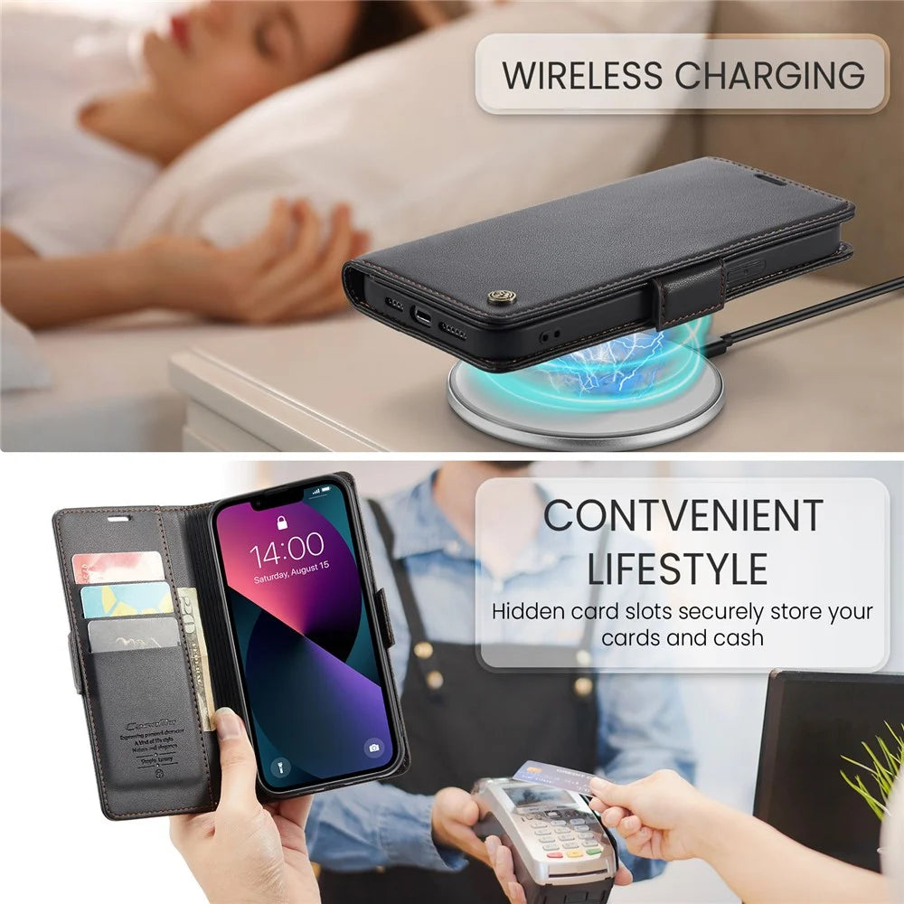 For iPhone 14 Leather Case CASEME 023 RFID Blocking 3 Card Slot Mobile Cover - Black - 7