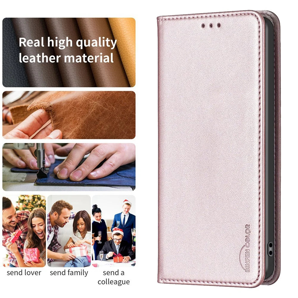 BINFEN COLOR BF18 Leather Phone Case for Samsung Galaxy S21 Ultra 5G Phone Cover with Stand Card Holder - Rose Gold - 5