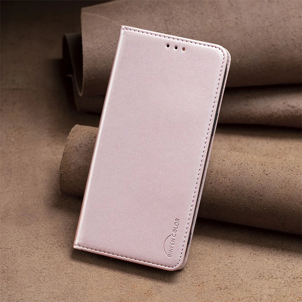 BINFEN COLOR BF18 Leather Phone Case for Samsung Galaxy S21 Ultra 5G Phone Cover with Stand Card Holder - Rose Gold - 7