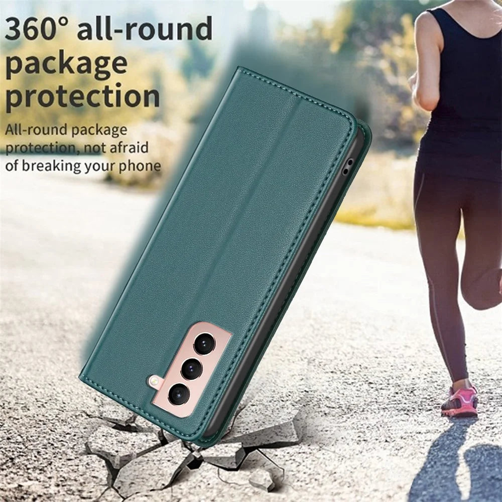 BINFEN COLOR BF18 for Samsung Galaxy S21 4G / 5G PU Leather Stand Phone Case Card Slots Phone Cover - Green - 6