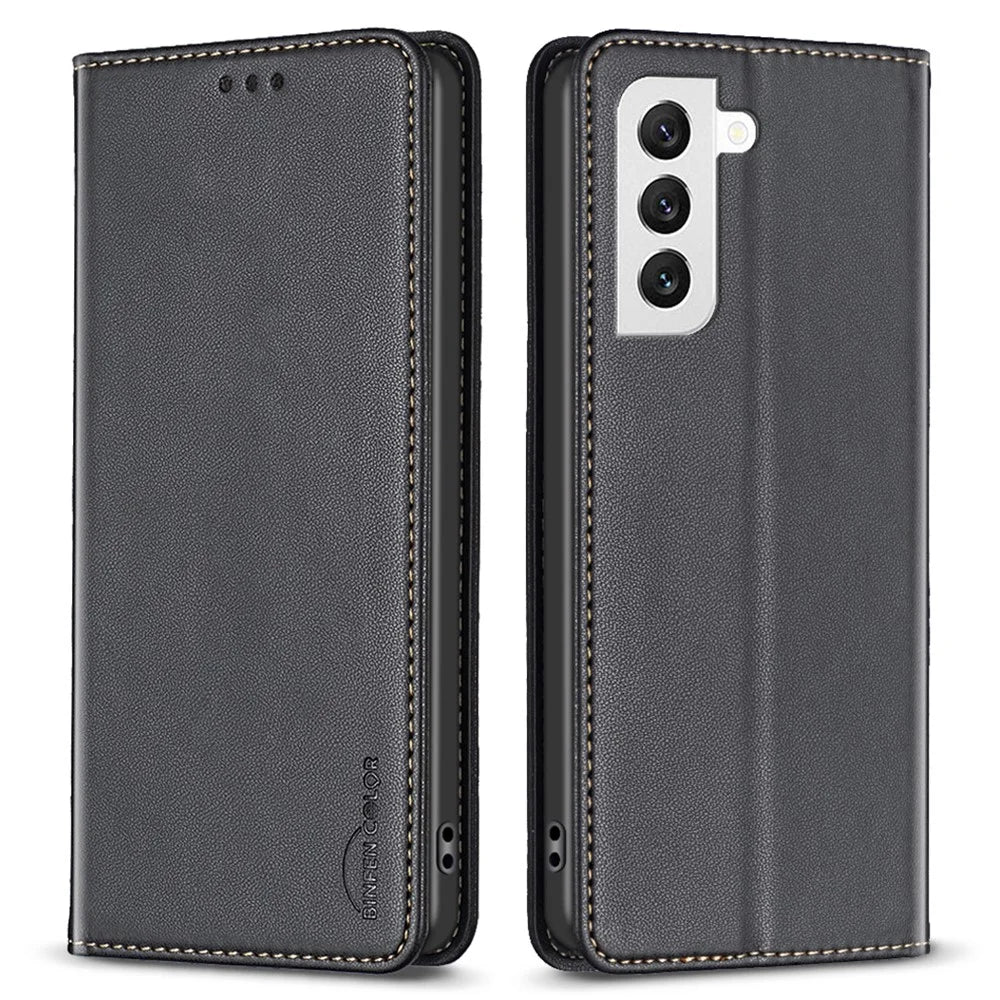 BINFEN COLOR BF18 For Samsung Galaxy S22 5G PU Leather Card Slot Cover Shockproof Stand  Phone Case - Black - 1