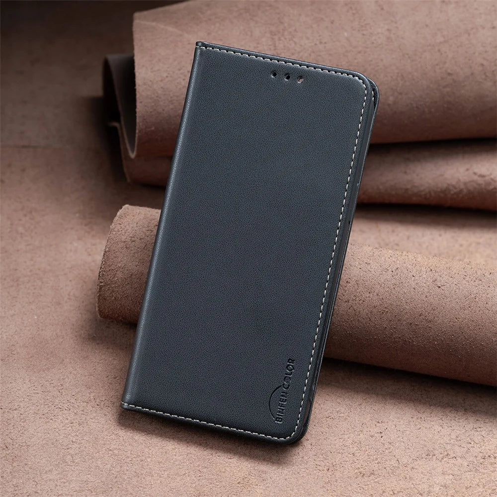 BINFEN COLOR BF18 For Samsung Galaxy S22 5G PU Leather Card Slot Cover Shockproof Stand  Phone Case - Black - 7