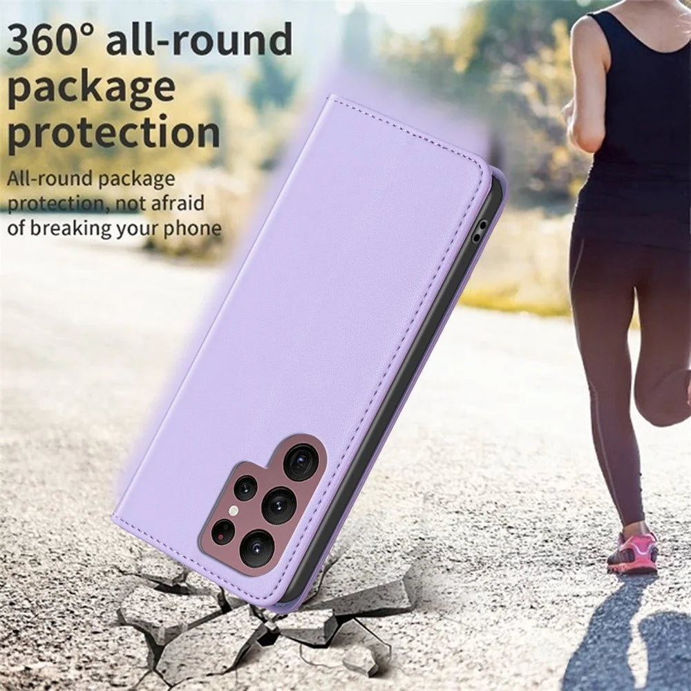 BINFEN COLOR BF18 For Samsung Galaxy S22 Ultra 5G PU Leather Phone Cover Card Holder Stand Hidden Magnetic Adsorption Case - Purple - 6