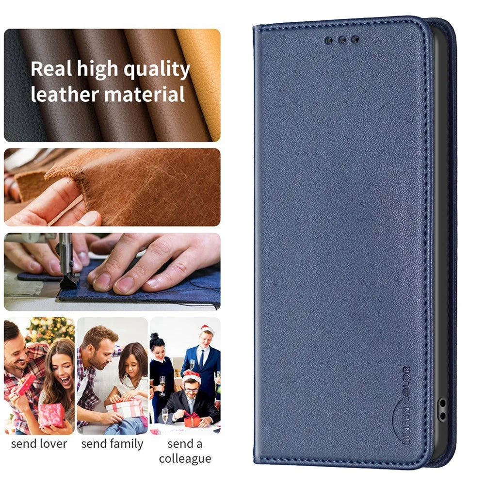 BINFEN COLOR BF18 For Samsung Galaxy S23 PU Leather Phone Case Card Slots Stand Folio Flip Cover - Blue - 5