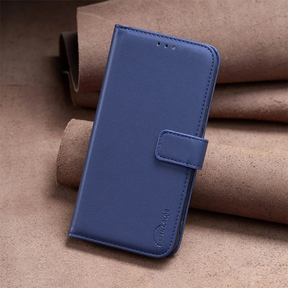 BINFEN COLOR BF17 For iPhone 13 / 14 Anti-Scratch Wallet Leather Phone Cover Stand Magnetic Closure Phone Case - Blue - 7