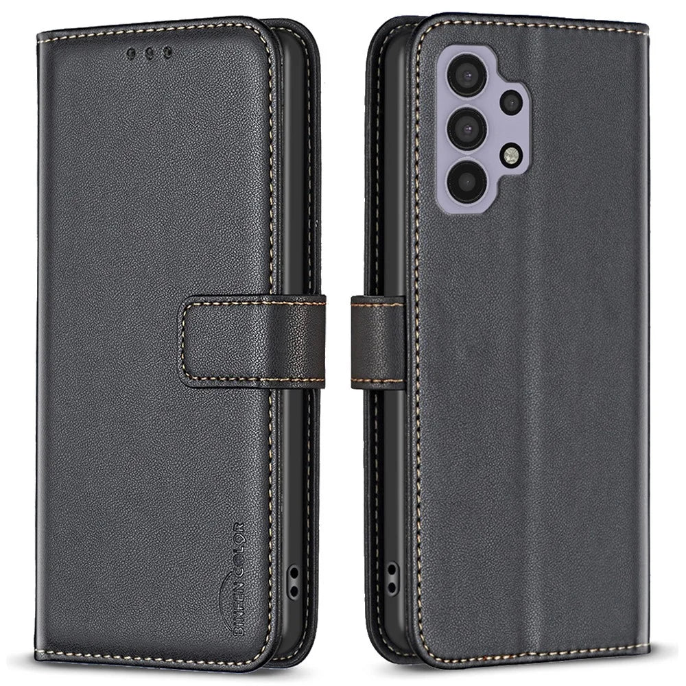 BINFEN COLOR BF17 Leather Case for Samsung Galaxy A32 4G (EU Version) Stand Wallet Cell Phone Cover - Black - 1