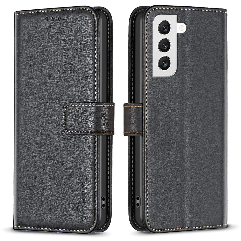 BINFEN COLOR BF17 For Samsung Galaxy S21 FE 5G Leather Phone Case Stand Wallet Smartphone Cover - Black - 1