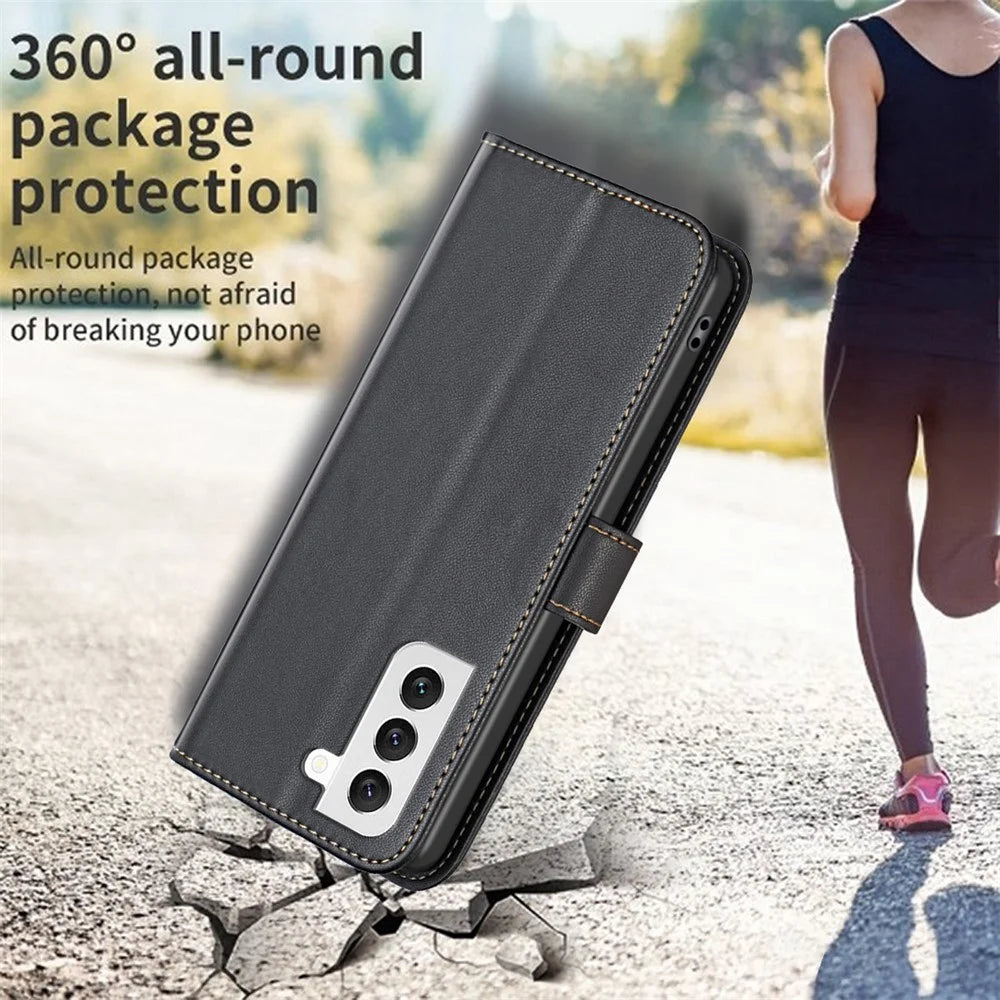 BINFEN COLOR BF17 Stand Phone Cover for Samsung Galaxy S22 5G Wallet PU Leather Cell Phone Case - Black - 5