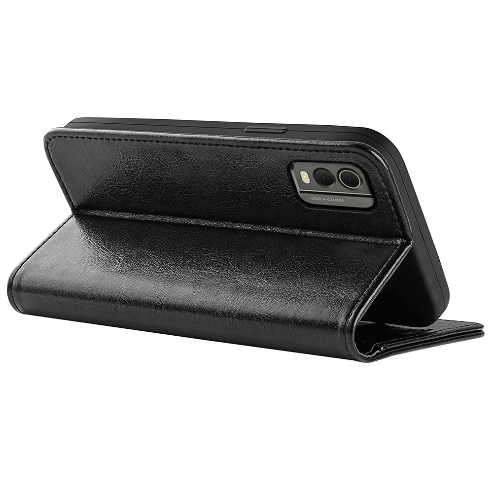 For Nokia C32 Scratch Resistant PU Leather Phone Cover Crazy Horse Texture Wallet Stand Case - Black - 4