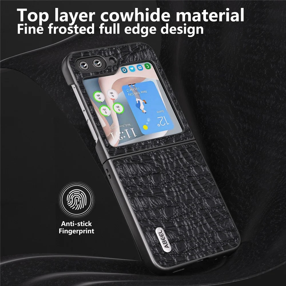 ABEEL For Samsung Galaxy Z Flip5 5G Genuine Cow Leather Coated PC Phone Case Textured Anti-Slip Cover - Black - 4