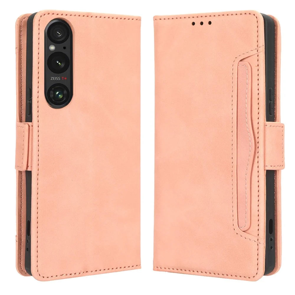 Wallet Case for Sony Xperia 1 V PU Leather Multiple Card Slots Stand Phone Cover - Pink - 1