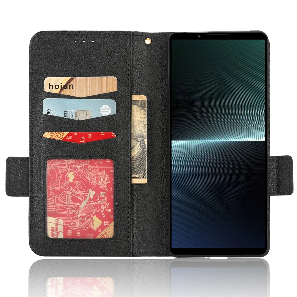 Phone Case for Sony Xperia 1 V Anti-drop Litchi Texture Stand PU Leather Wallet Cover - Black - 2