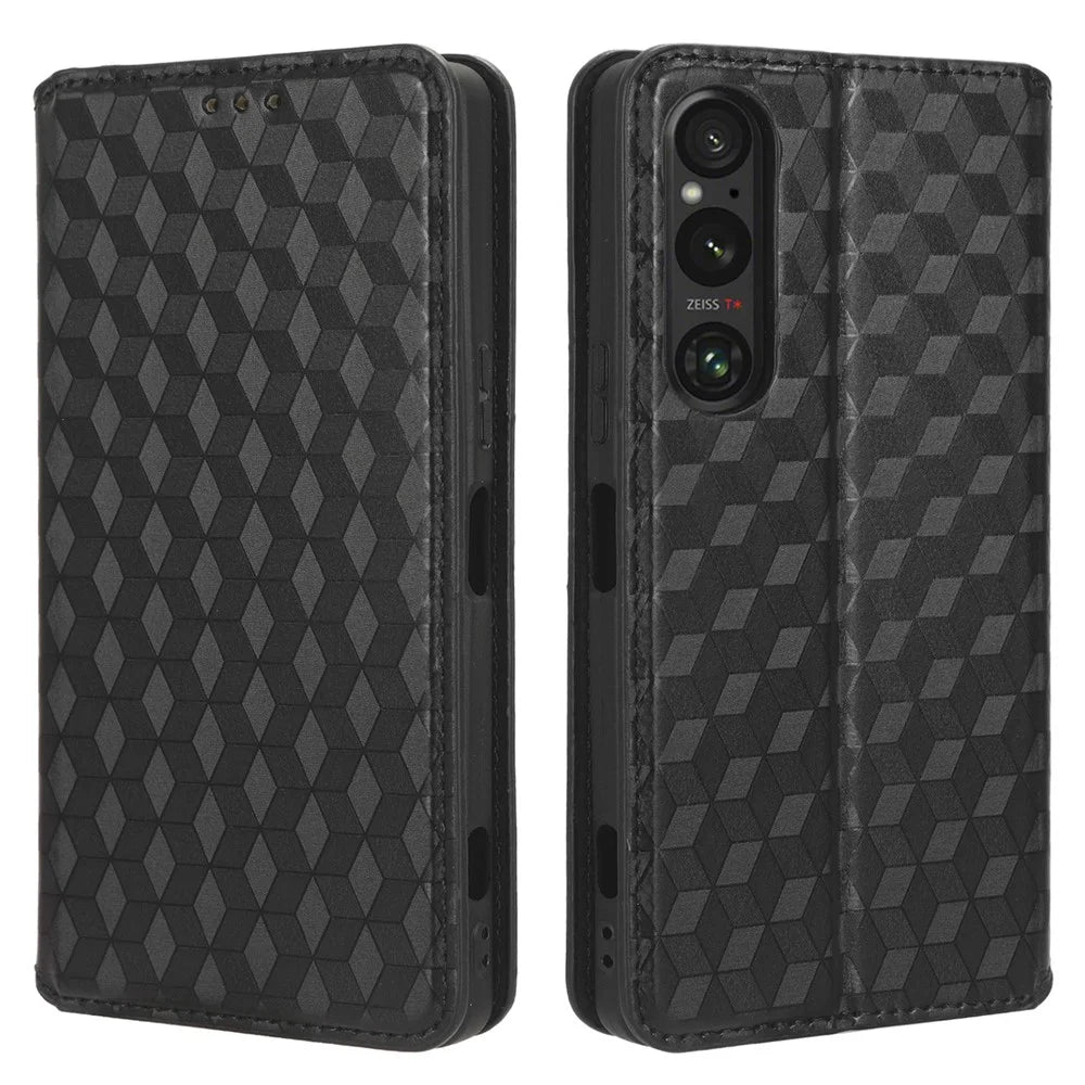 For Sony Xperia 1 V Rhombus Imprinted PU Leather Wallet Phone Case Flip Stand Anti-Drop Cover - Black - 1