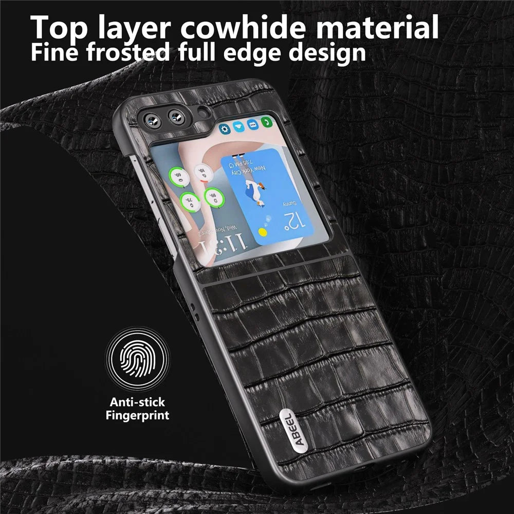 ABEEL For Samsung Galaxy Z Flip5 5G Cowhide Leather + PC Phone Case Crocodile Texture Slim Cover - Black - 4