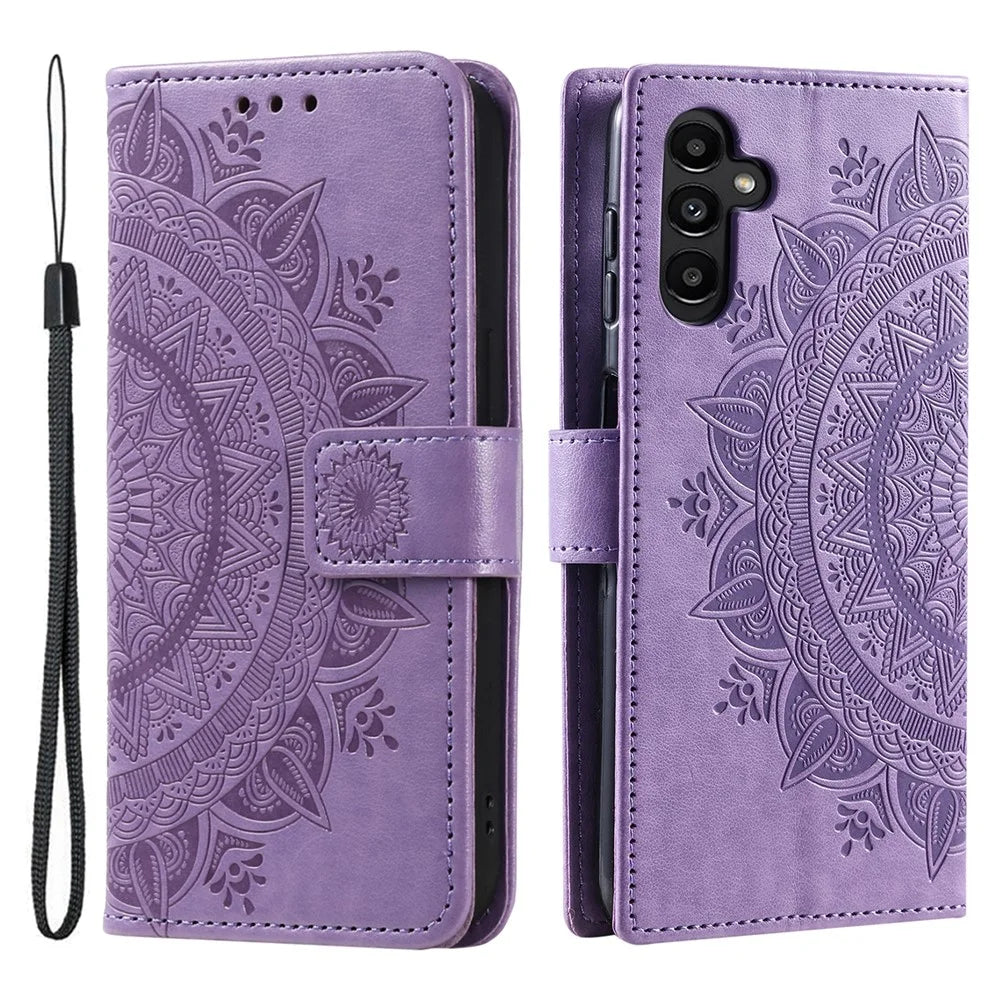 For Samsung Galaxy M54 5G / F54 5G Anti-Scratch PU Leather Wallet Phone Case Mandala Flower Pattern Stand Cover - Purple - 1