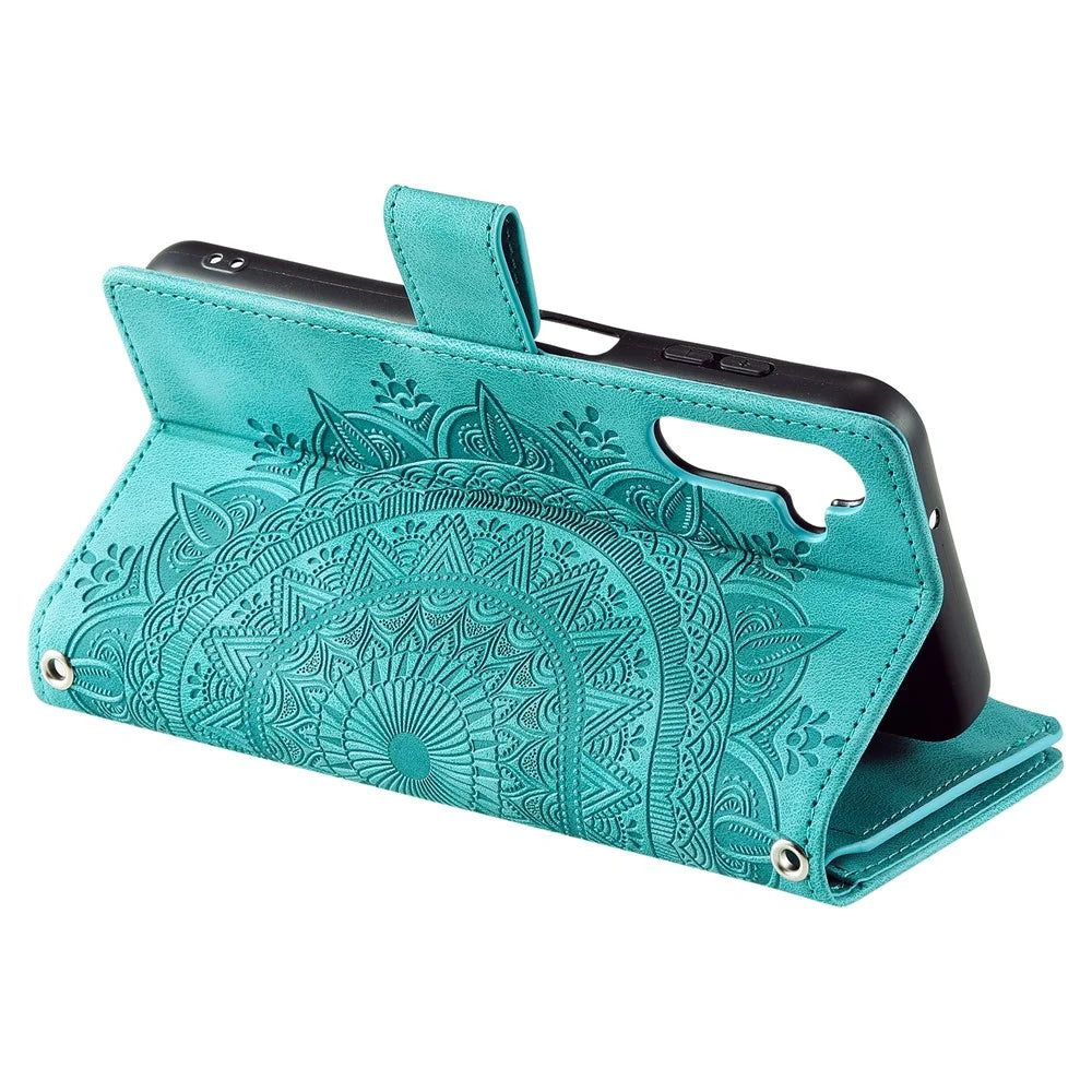 For Samsung Galaxy M54 5G / F54 5G Imprinted Phone Case Imprinted Mandala Flower Pattern PU Leather Stand Cover - Green - 3