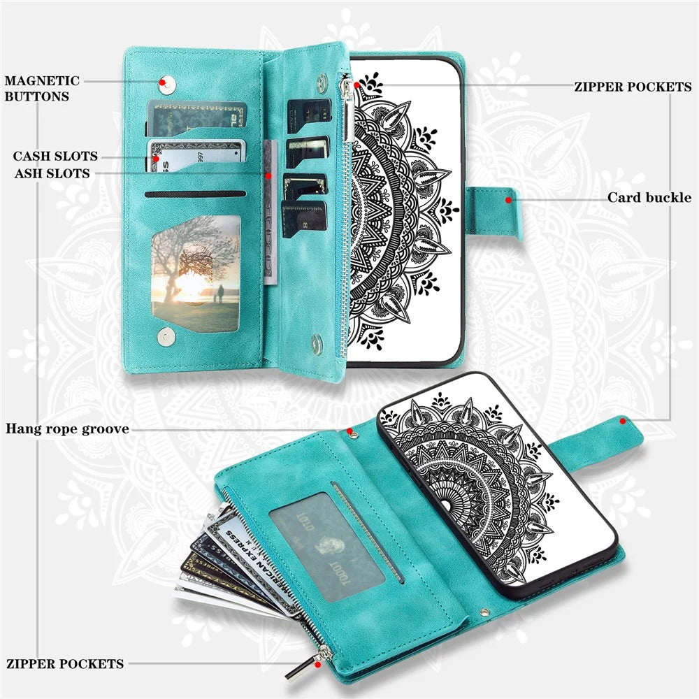 For Samsung Galaxy M54 5G / F54 5G Imprinted Phone Case Imprinted Mandala Flower Pattern PU Leather Stand Cover - Green - 4
