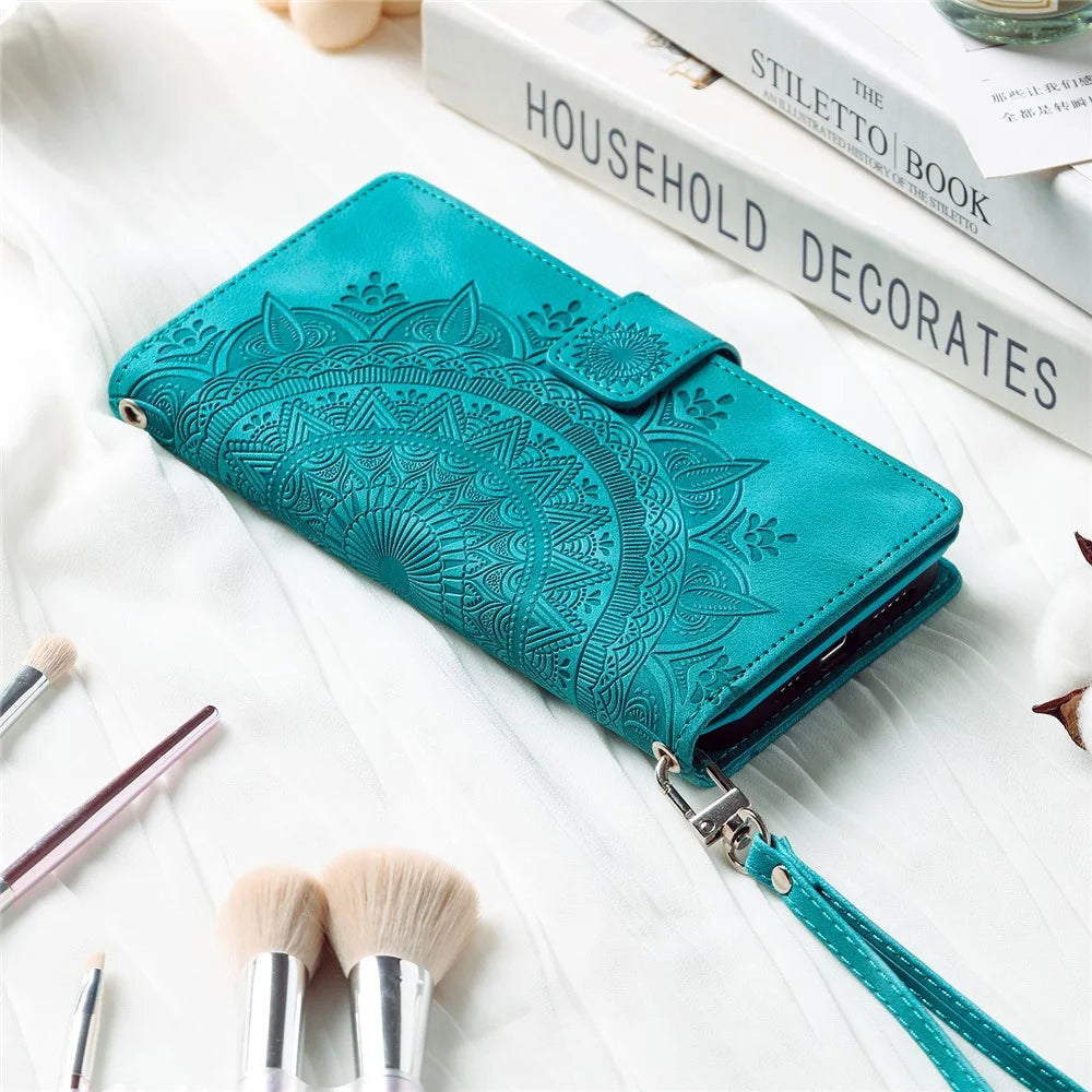 For Samsung Galaxy M54 5G / F54 5G Imprinted Phone Case Imprinted Mandala Flower Pattern PU Leather Stand Cover - Green - 6