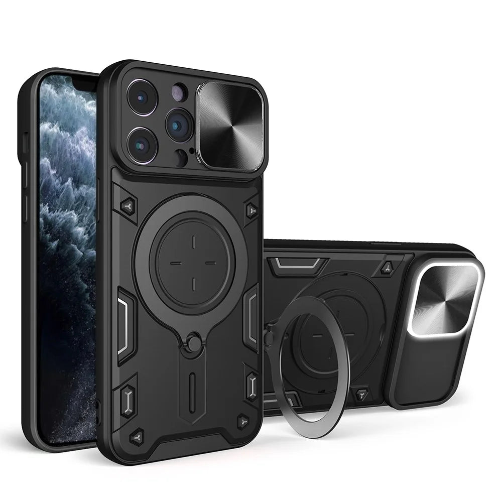 For iPhone 11 Pro Max Slide Camera Lid Drop-proof Cover Rotatable Kickstand PC + TPU Phone Case - Black - 1