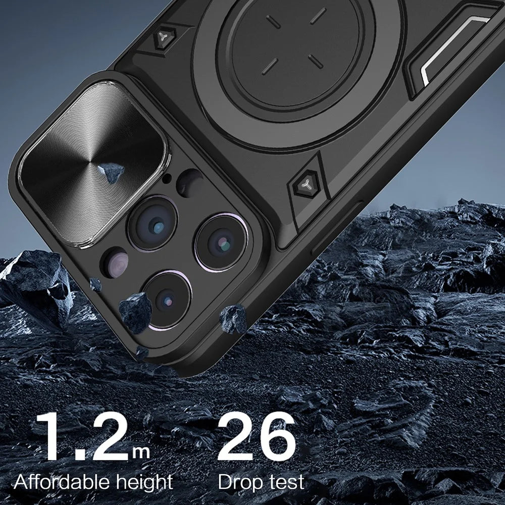 For iPhone 11 Pro Max Slide Camera Lid Drop-proof Cover Rotatable Kickstand PC + TPU Phone Case - Black - 3