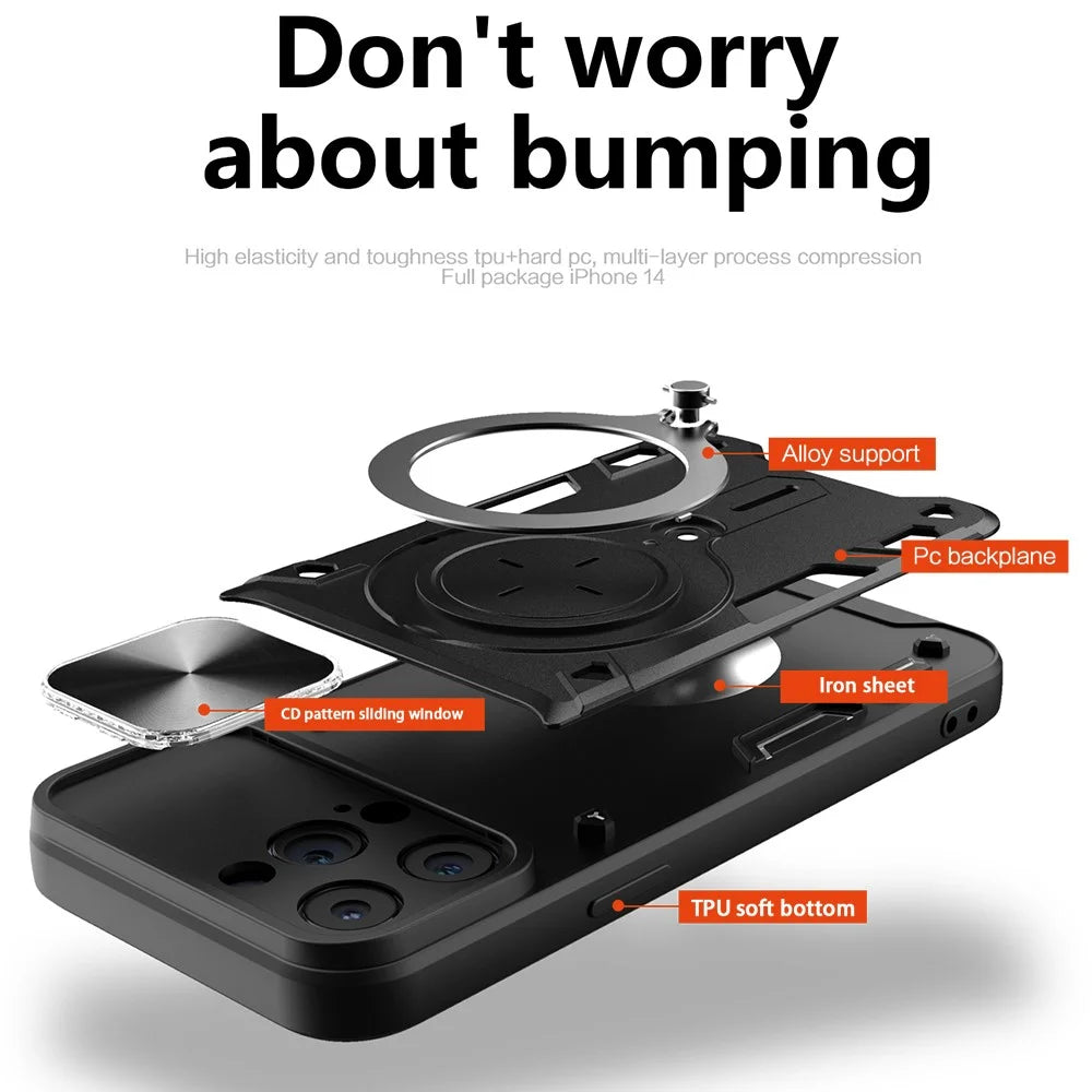 For iPhone 11 Pro Max Slide Camera Lid Drop-proof Cover Rotatable Kickstand PC + TPU Phone Case - Black - 4