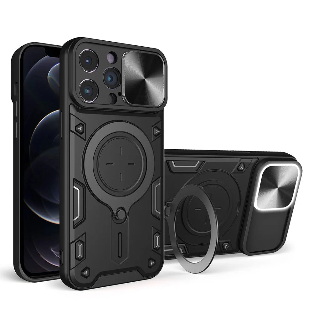 For iPhone 12 Pro Max 6.7 inch Slide Camera Lid Back Case Free Rotation Kickstand PC + TPU Phone Cover - Black - 1