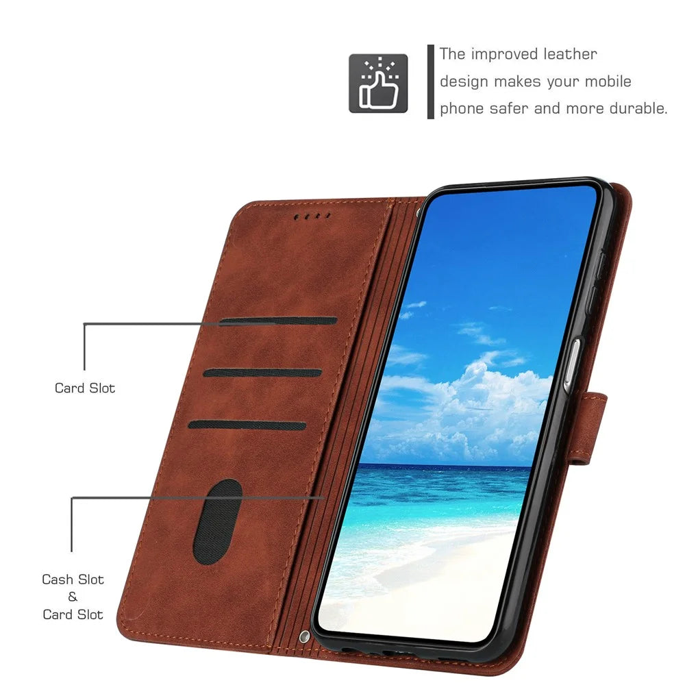 For Samsung Galaxy M14 5G Skin-touch Feeling Leather Phone Case Stand Imprinted Heart Wallet Phone Cover - Brown - 6