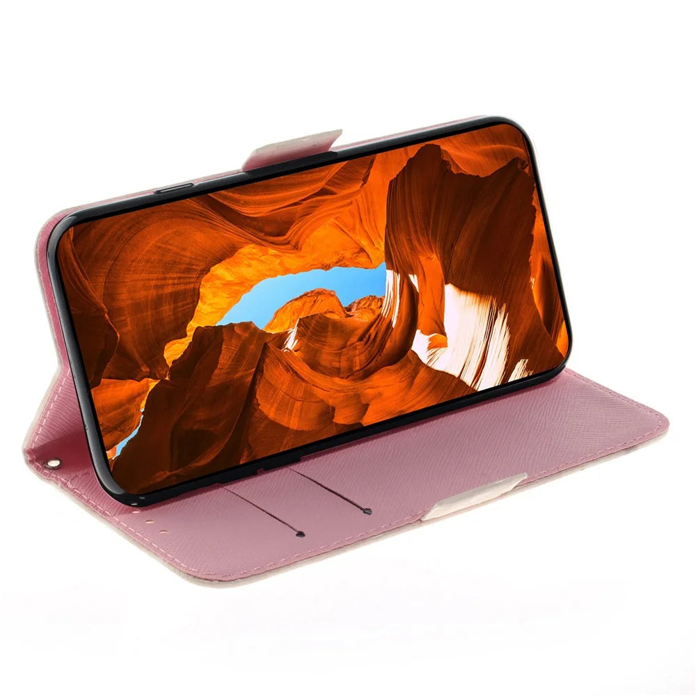 For Nokia C32 Pattern Design Folio Cover PU Leather Stand Wallet Phone Case with Strap - Butterfly High Heels - 2
