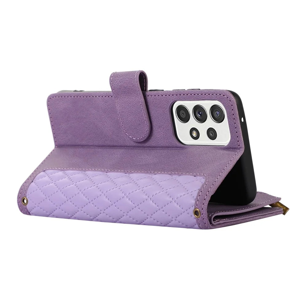 For Samsung Galaxy A23 4G / A23 5G (Global Version) Zipper Pocket Phone Case Imprinted Leather Wallet Stand Cover with 9 Card Slots - Purple - 3