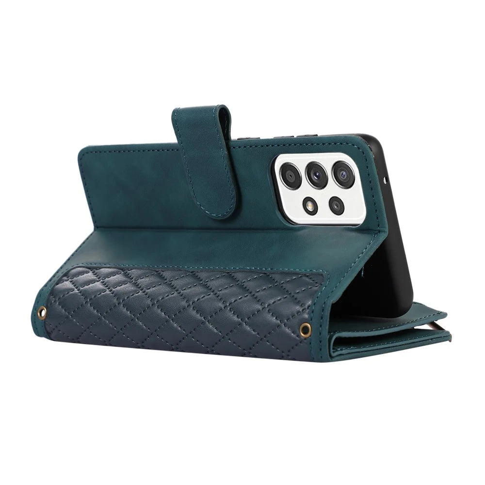 For Samsung Galaxy A32 5G / M32 5G Rhombus Design Zipper Pocket Leather Phone Case  9 Card Slots Wallet Stand Cover - Green - 4