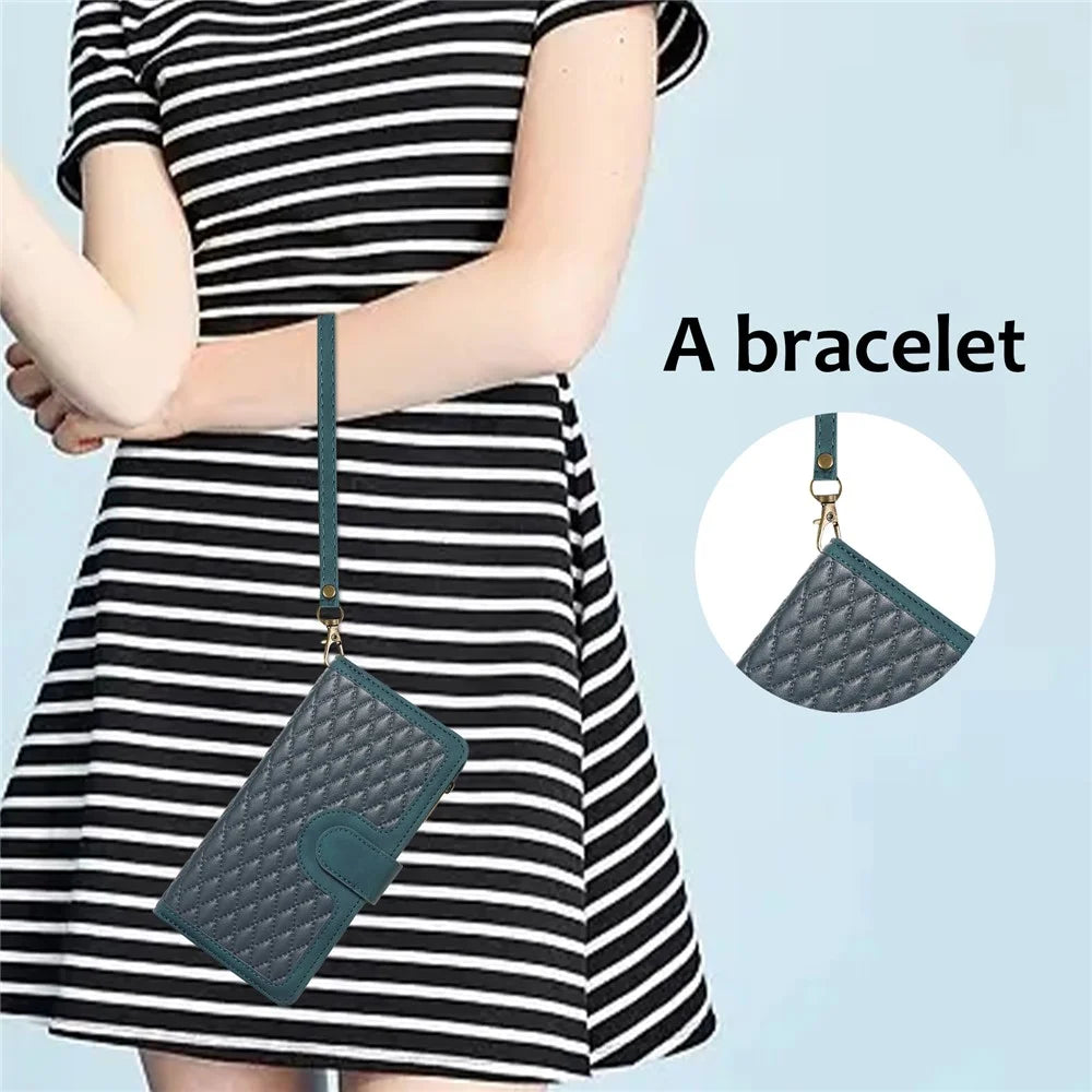 For Samsung Galaxy A32 5G / M32 5G Rhombus Design Zipper Pocket Leather Phone Case  9 Card Slots Wallet Stand Cover - Green - 7