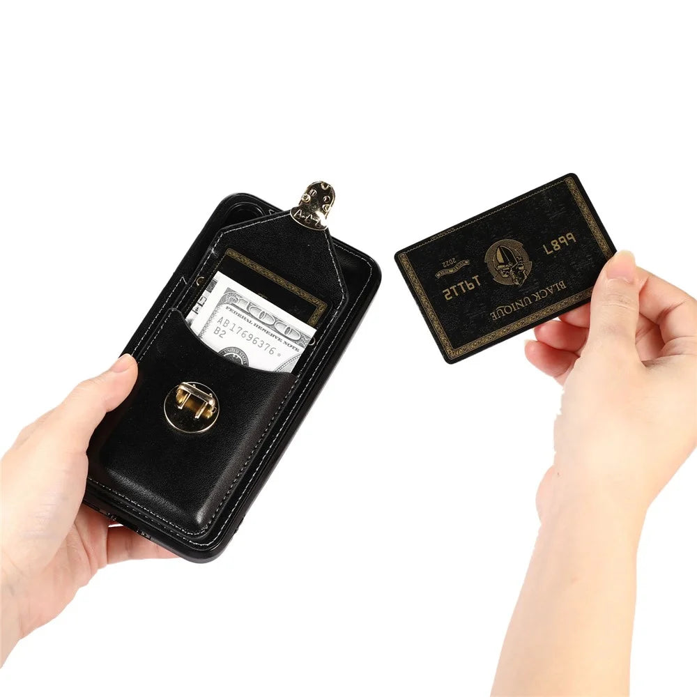 Phone Cover for Samsung Galaxy S23+ PU Leather+TPU Card Holder Kickstand Case with Shoulder Strap - Black - 3