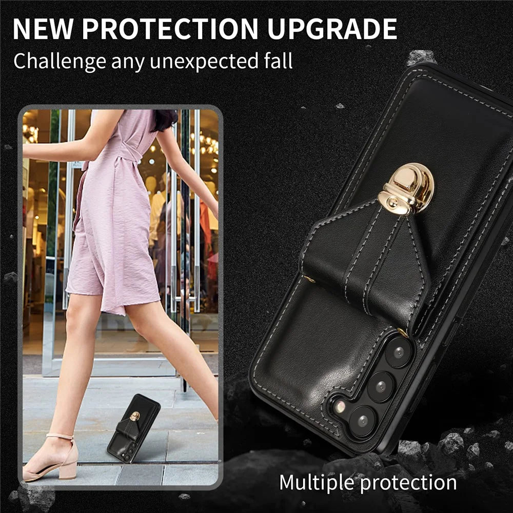 Phone Cover for Samsung Galaxy S23+ PU Leather+TPU Card Holder Kickstand Case with Shoulder Strap - Black - 5