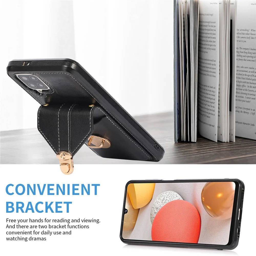 Back Protector for Samsung Galaxy A42 5G Phone Cover with Kickstand Card Holder PU Leather+TPU Case - Black - 2