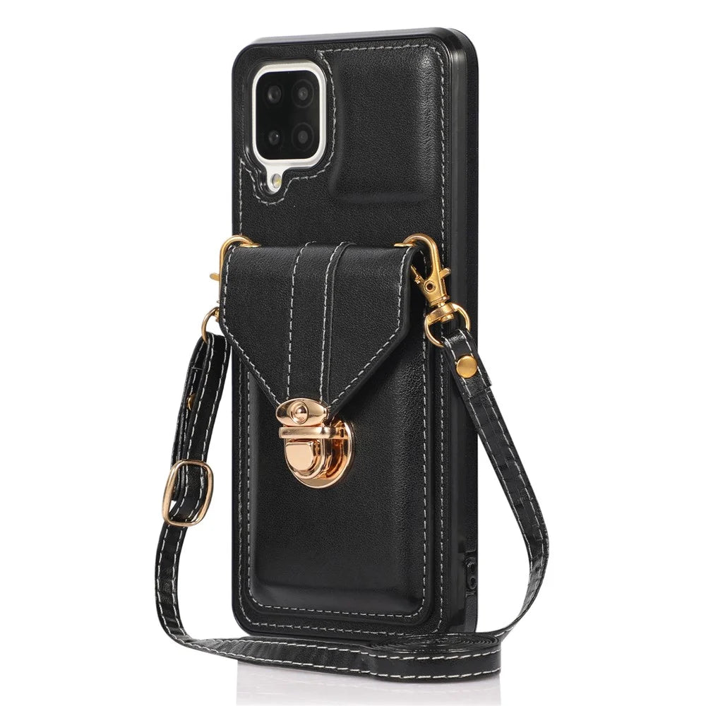 For Samsung Galaxy A12 Protective Case, Card Holder Kickstand PU Leather+TPU Phone Cover - Black - 1