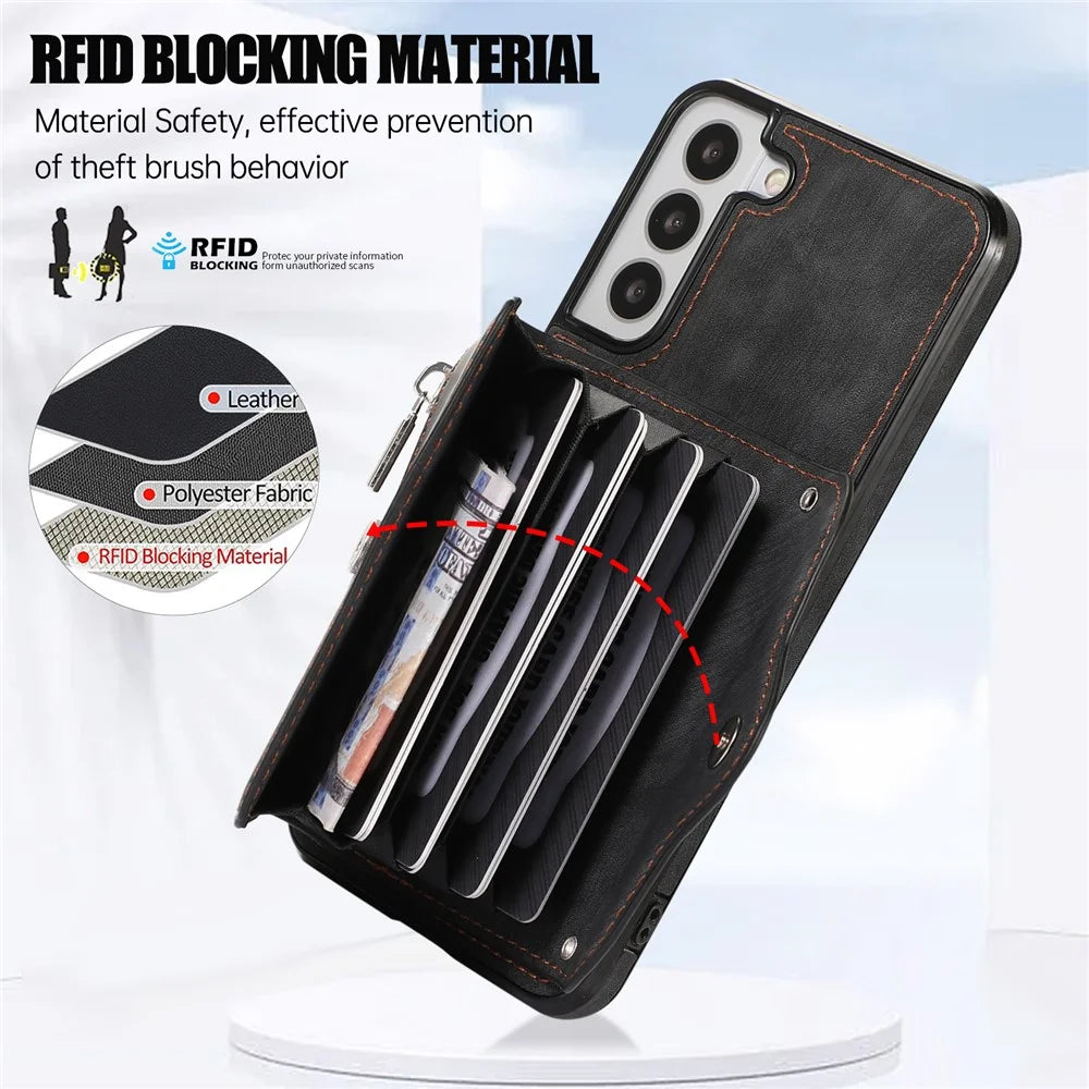 For Samsung Galaxy S21 FE 5G Smartphone Case Kickstand PU Leather+TPU Shell with RFID Blocking Card Bag - Black - 6