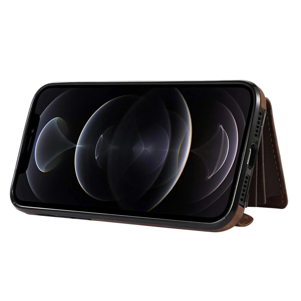 For iPhone 12 / 12 Pro 6.1 inch PU Leather+TPU Phone Case Kickstand Cover with RFID Blocking Card Bag - Brown - 2