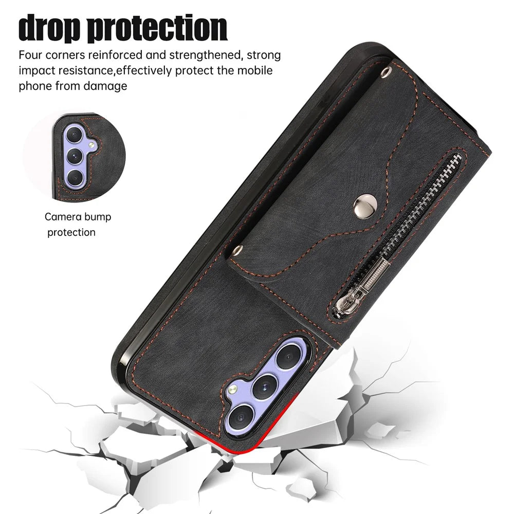 For Samsung Galaxy A34 5G Anti-Scratch Phone Case Kickstand PU Leather+TPU RFID Blocking Card Bag Cover - Black - 4