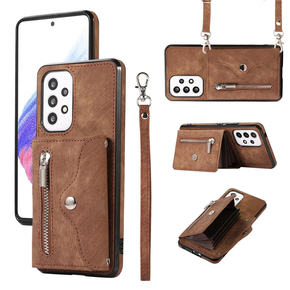 For Samsung Galaxy A53 5G Anti-Fingerprint Cover Kickstand PU Leather+TPU Cell Phone Case with RFID Blocking Card Bag - Brown - 1