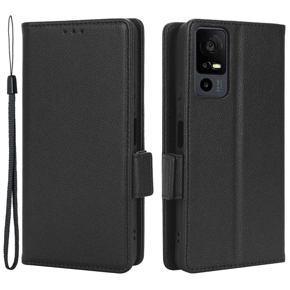 For TCL 40 XE / 40 X T601D / NxtPaper 5G Shockproof Wallet Case Litchi Texture PU Leather Phone Cover with Strap - Black - 1
