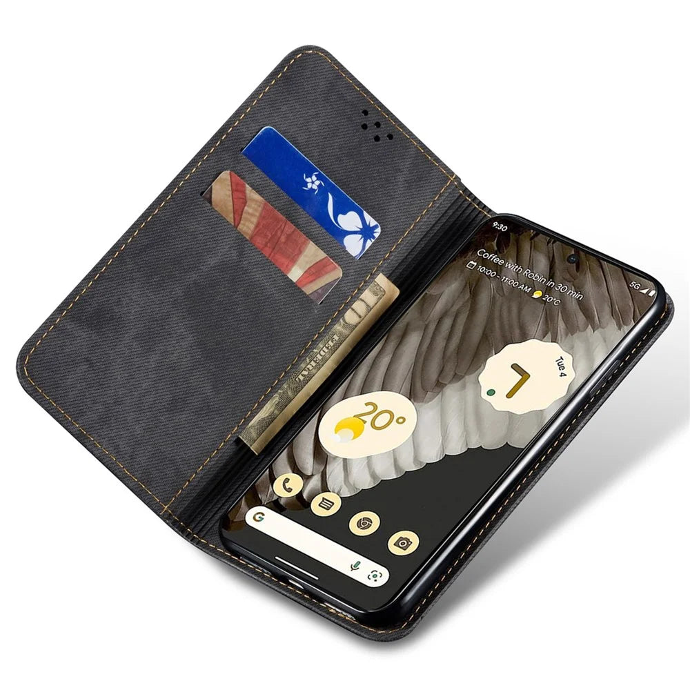For Google Pixel 7a PU Leather Case Stand Wallet Anti-scratch Jeans Cloth Texture Phone Cover - Black - 2