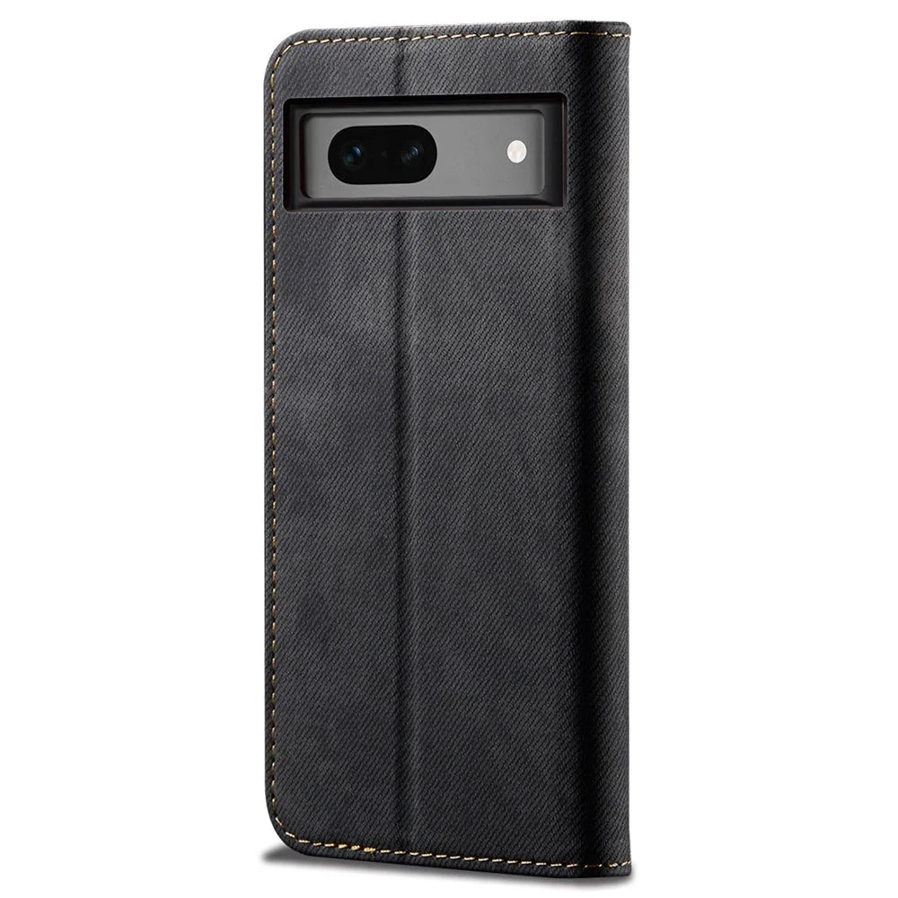 For Google Pixel 7a PU Leather Case Stand Wallet Anti-scratch Jeans Cloth Texture Phone Cover - Black - 6