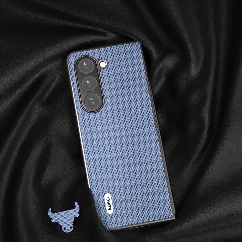 ABEEL For Samsung Galaxy Z Fold5 5G PU Leather Coated PC Back Cover Carbon Fiber Texture Shockproof Phone Case - Baby Blue - 3