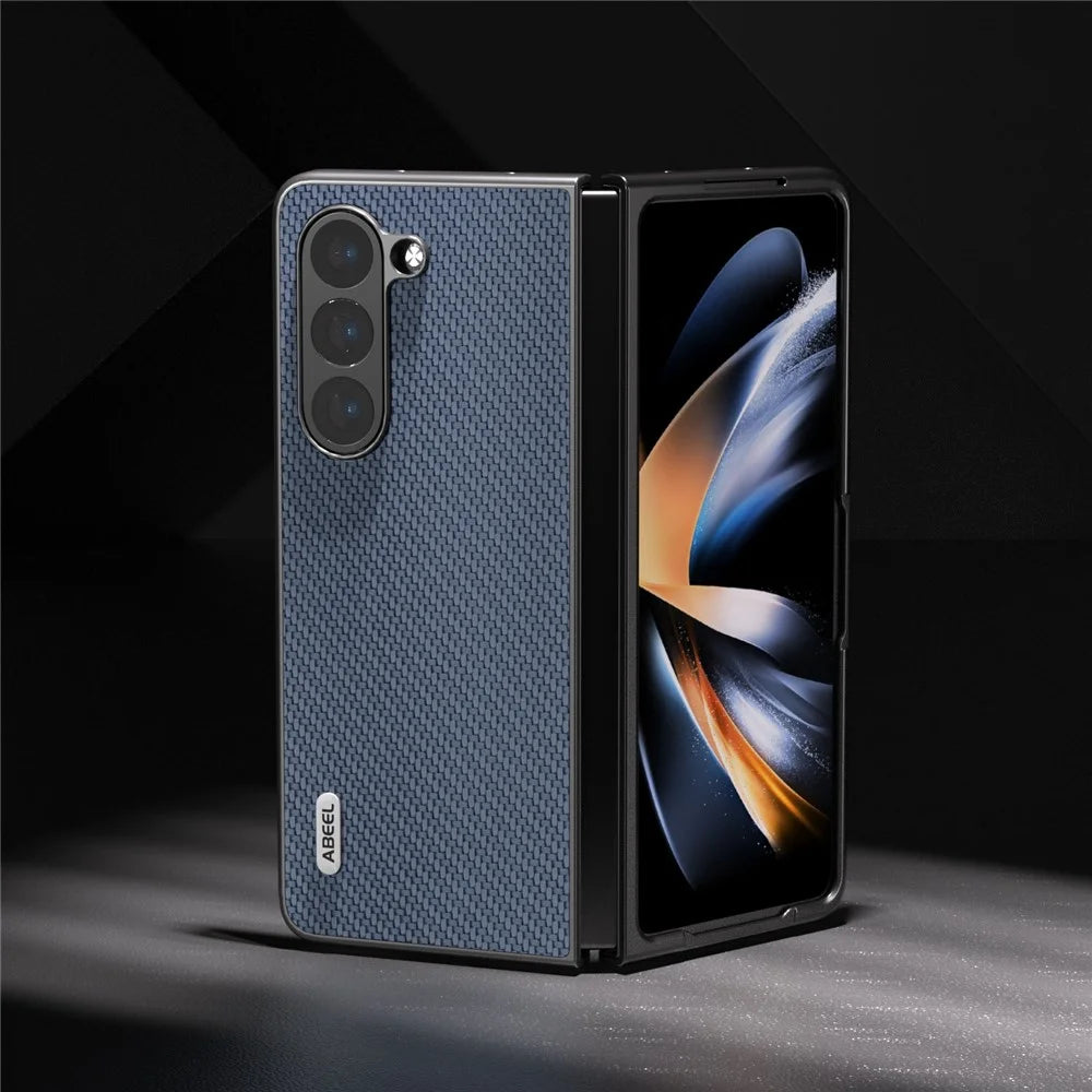 ABEEL For Samsung Galaxy Z Fold5 5G PU Leather Coated PC Back Cover Carbon Fiber Texture Shockproof Phone Case - Baby Blue - 4