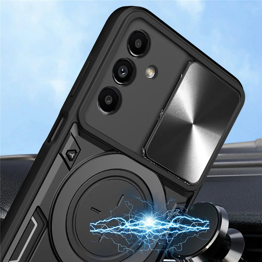 For Samsung Galaxy A24 4G (162.1 x 77.6 x 8.3mm) Rotating Kickstand Cover TPU+PC Phone Case with Slide Camera Lens Protector - Black - 3
