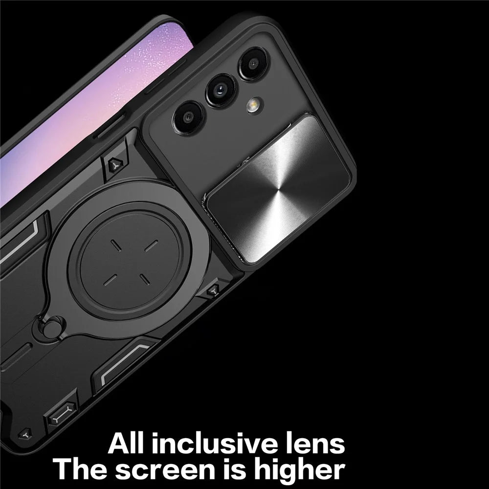 For Samsung Galaxy A24 4G (162.1 x 77.6 x 8.3mm) Rotating Kickstand Cover TPU+PC Phone Case with Slide Camera Lens Protector - Black - 7